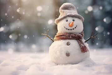 A smiling snowman adorned with a hat and scarf amidst gently falling snow