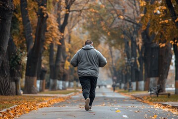 Fototapeta premium back view fat oversize man on Autumn Jogging in a Tree-Lined City Street