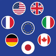 Flags of the G7 countries and the European Union. Round flag icons with shadows underneath.