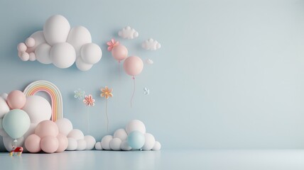 Baby-themed 3D podium, blue cloud background, rainbow design, suitable for showcasing toys in a children's room or playful presentation.