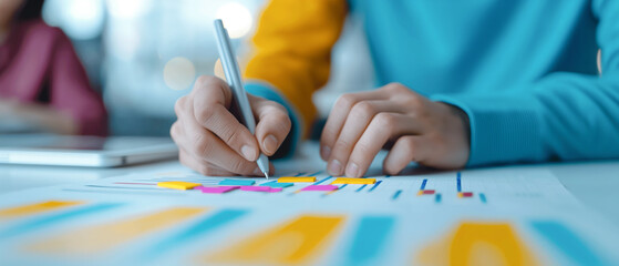 A close-up of hands working on business charts and graphs, highlighting detailed analysis and planning. The background features blurred colleagues, indicating a collaborative office environment.