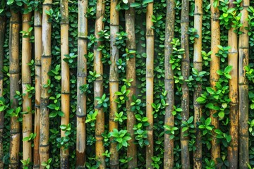 bamboo fence with green leaves background