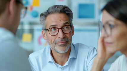 A business professional with glasses discusses with team members in a modern office, surrounded by charts, emphasizing a strategic planning session.