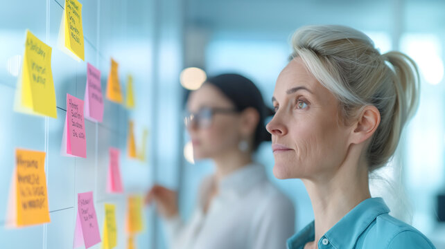 Two business professionals in a modern office review colorful sticky notes on a glass board. The image captures a moment of focused organization and planning in a high-tech workspace.
