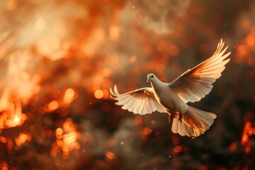 Beautiful and flying white dove in smoke and city in fire blurred background