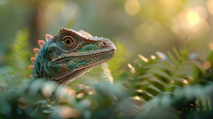 Obraz premium High in the trees, a Velociraptor’s eyes glint as it prepares to leap onto prey.