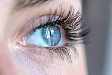 Obraz premium Beautiful blue woman eye with black eyelashes, closeup. One human eye with light reflection