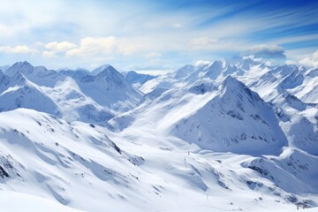 Panoramic view of majestic snow-capped mountain peaks covered in pristine white snow against a clear blue sky. Creating a winter wonderland landscape in a high altitude alpine range