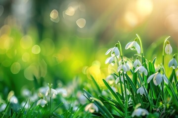 Beautiful gentle spring background with snowdrop flowers in nature