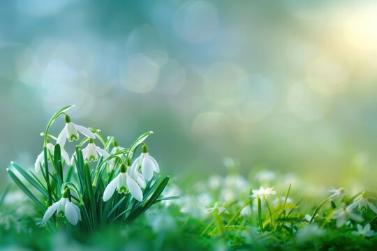 Beautiful gentle spring background with snowdrop flowers in nature