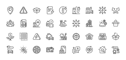 Inspect, Intersection arrows and Building energy line icons pack. AI, Question and Answer, Map pin icons. Skyscraper buildings, Lightning bolt, Power info web icon. Vector