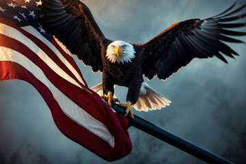 Naklejka premium USA Flag with bald eagle on the golden hue 