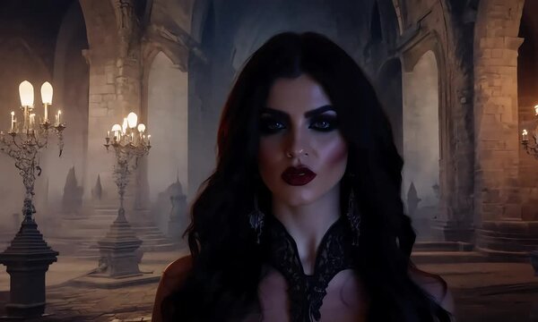 Gothic Queen: The haunting gaze of a woman in a gothic cathedral, surrounded by fog and candlelight.  Halloween vampire