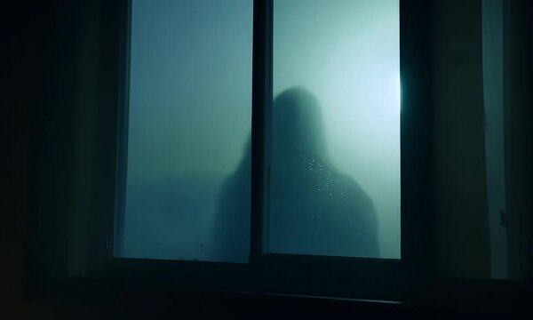 Silhouette of Mystery: A shadowy figure peering through a frosted windowpane, their identity obscured by the ethereal glow, leaving viewers to ponder their intentions and the secrets they hold.
