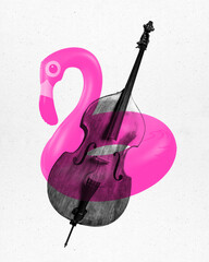 Contemporary art collage. Vintage cello overlaid on pink inflatable flamingo float, blending classical and playful themes. Surreal artwork. Concept of music, party, festival, tradition and modernity. © Lustre Art Group 