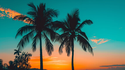 Fototapeta premium Against the backdrop of a setting sun in shades of orange and green, or blue, you can see silhouettes of palm trees. This tropical landscape brings to mind a vacation on a paradise island. 