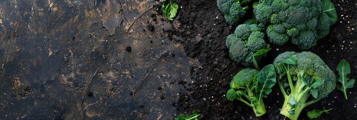 Broccoli on a soil texture background, top view with copy space for text