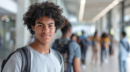 Fototapeta premium African American guy student in t-shirt with backpack at university