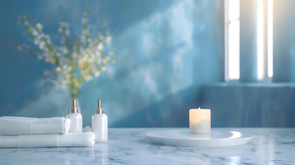A serene bathroom setup with a lit candle, neatly folded towels, and soap dispensers on a marble countertop, creating a calming atmosphere.