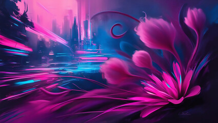 Fototapeta premium The illustration backgrounds are in a modern, futuristic style, dominant in neon pink.