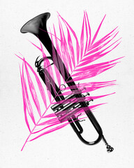 Contemporary art collage. Black and white silhouette of trumpet overlaid against pink palm leave against white background. Surreal artwork. Concept of music, parties and festivals, modernity. © Lustre Art Group 