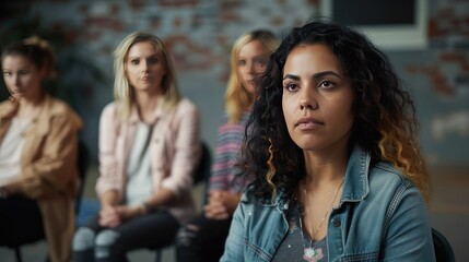 Depressed woman in a support group meeting, sitting pensively with three other women in the background, creating a somber scene