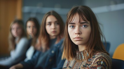 Obraz premium Depressed woman sits pensively in a support group meeting, with three other women in the background, creating a somber atmosphere
