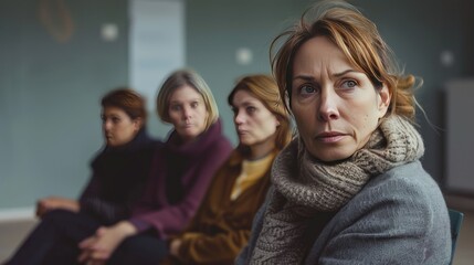 Fototapeta premium Depressed woman sits pensively in a support group meeting, with three other women in the background, creating a somber atmosphere