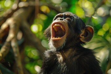 Chimp monkey laughs in tropical forest on sunshine