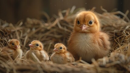 Obraz premium Adorable Newborn Chicks Nestled in Straw - Close-Up of Fluffy Baby Birds in Natural Setting