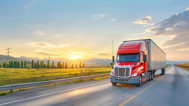 A vibrant red truck driving along a scenic highway at sunset, showcasing the beauty of transportation and open roads.