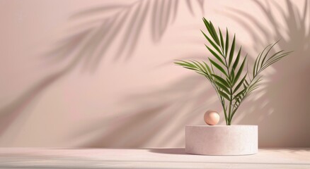 Palm Leaf and Sphere on White Platform