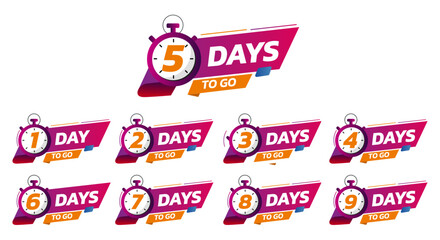 Days To Go Countdown banner template design. 1,2,3,4,5,6,7,8,9,10,20 days left countdown icon. vector 