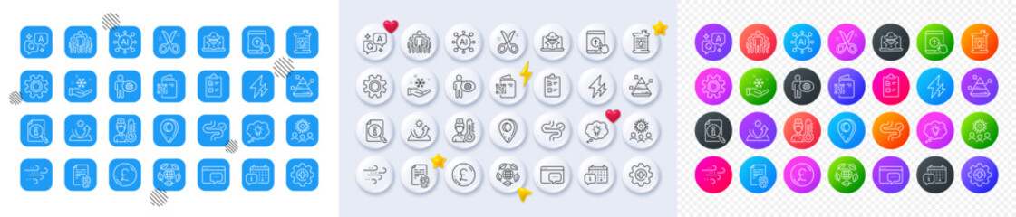 Pound money, Cogwheel and Search line icons. Square, Gradient, Pin 3d buttons. AI, QA and map pin icons. Pack of Windy weather, Swipe up, Calendar icon. Vector