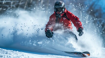 A skier in a red jacket races down a snowy slope, leaving a trail of powder in his wake.