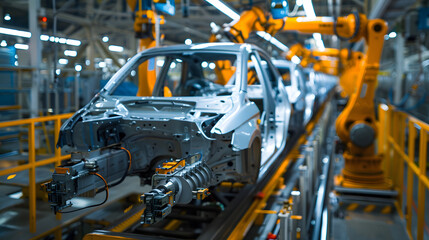 Fototapeta premium Robotic arms working on car bodies in an automotive assembly line within a modern manufacturing plant. The image showcases the efficiency and precision of automated production.