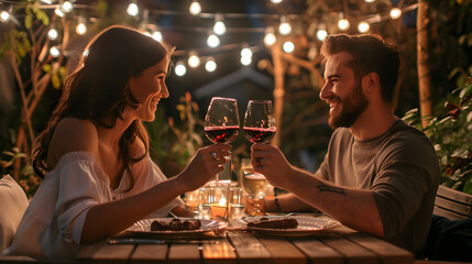 Happy couple toasting with glasses of red wine during a romantic dinner outdoors, under warm string lights. The scene exudes love and intimacy.