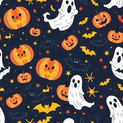 Seamless Halloween pattern featuring creepy ghosts, bats, and jack-o-lanterns, colorful design