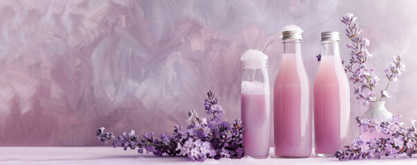Trendy fermented dairy drinks with probiotics poured from glass bottles on a soft lavender background. The gentle purple tone creates an elegant and soothing visual effect.