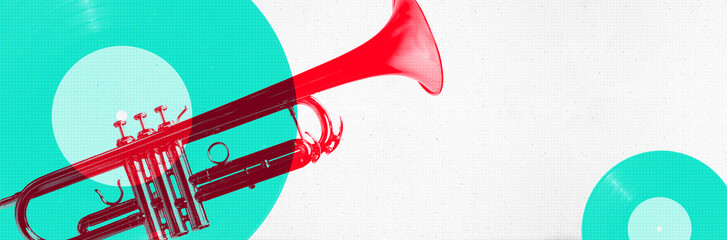 Contemporary art collage. Ret silhouette of trumpet on teal audio plates against white background with negative space. Surreal artwork. Concept of music, parties and festivals, tradition and modernity © Lustre Art Group 