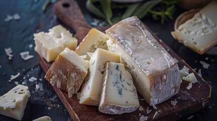 Rustic still life of blue cheese chunks on a wooden board, with sliced pieces and greenery in the background.