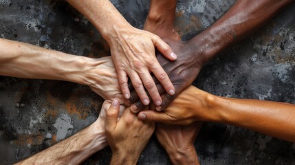 Diverse hands clasped together, symbolizing unity, teamwork, and collaboration.