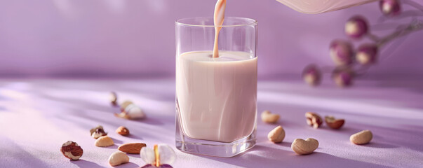 Brazil nut milk being poured from a glass bottle into a glass, with Brazil nuts around, on a soft...