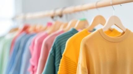 Fototapeta premium A collection of colorful sweaters hanging on a rack, showcasing a variety of soft fabrics and vibrant hues.