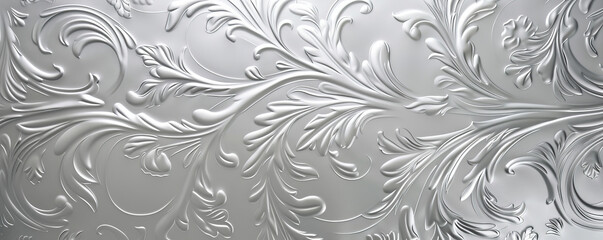 A silver background with a subtle embossed pattern, adding depth and texture to the design.