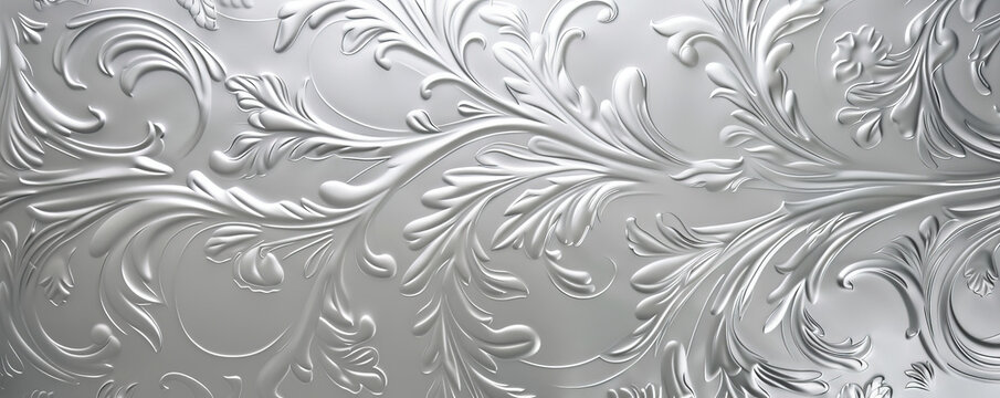A silver background with a subtle embossed pattern, adding depth and texture to the design.