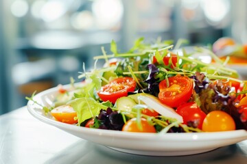 fresh mixed green salad with cherry tomatoes, cucumbers, and arugula on a white plate, perfect healthy food concept