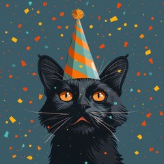 A playful black cat wearing a festive party hat, surrounded by colorful confetti, perfect for celebrations or fun themes.