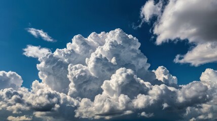 A serene blue sky filled with fluffy white cumulus clouds, each cloud casting a soft shadow on the land below, creating a peaceful and calm atmosphere.