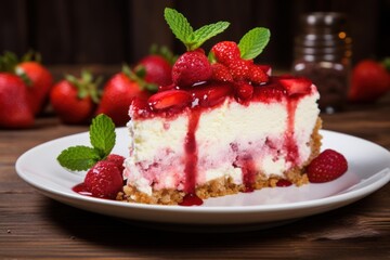 Slice of strawberry cheesecake garnished with mint leaves on a white plate, surrounded by fresh strawberries